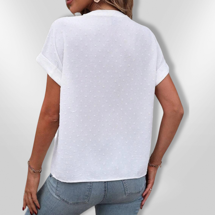 Dame let klassisk V-hals bluse, stilfuld elegance, afslappet pasform.