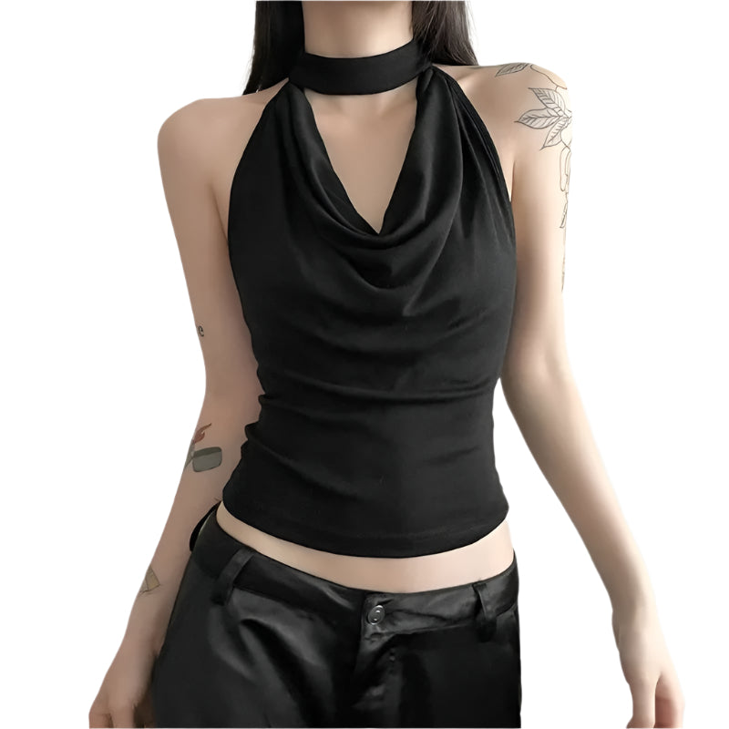 Dame let sort halterneck-top – minimalistisk design og afslappet pasform til sommer og lag-på-lag.