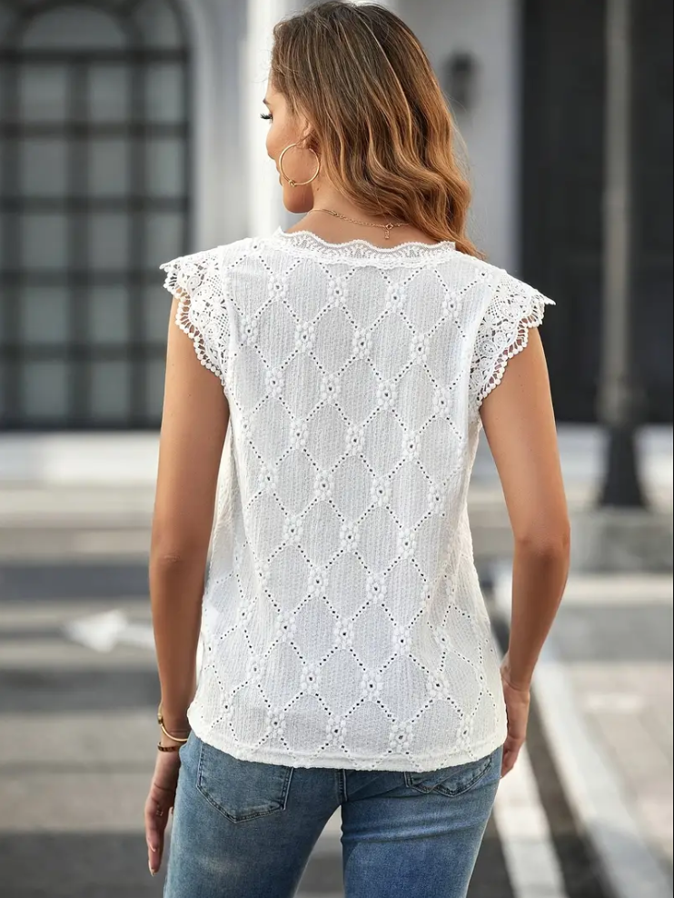 Dame top med V-hals, broderi, let stof, til hverdagsbrug og fest.