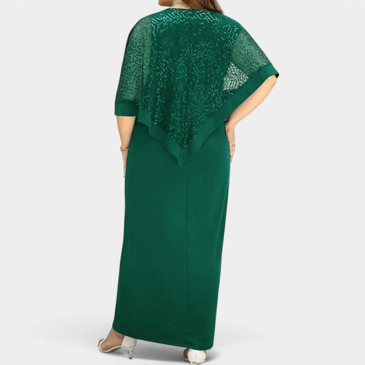Dame lang kjole med glimmer og batwing-ærmer, grøn, 3XL