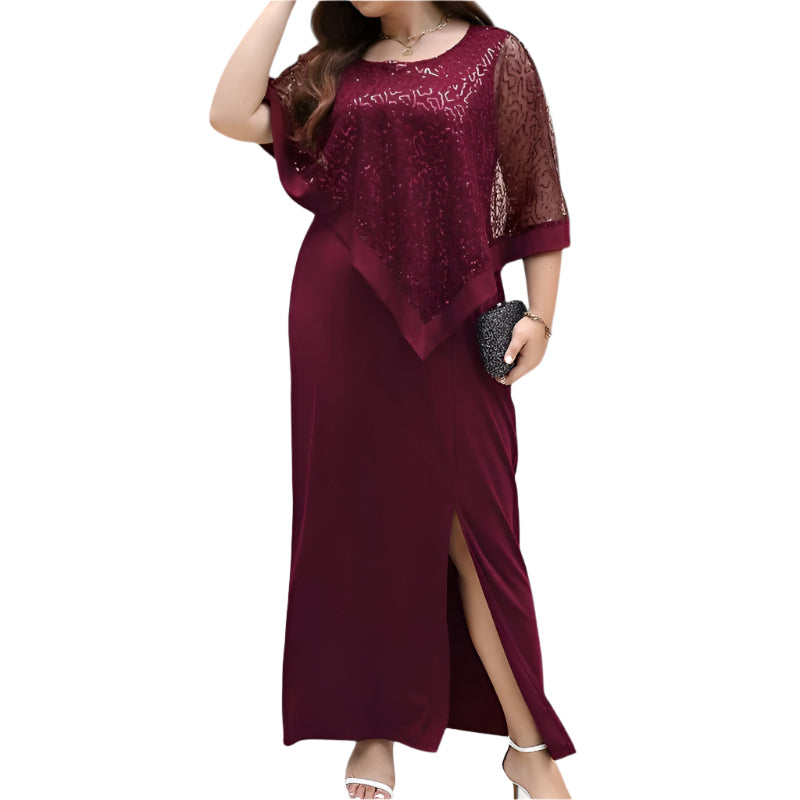 Dame lang kjole med glimmer og batwing-ærmer, mørkerød, 2XL
