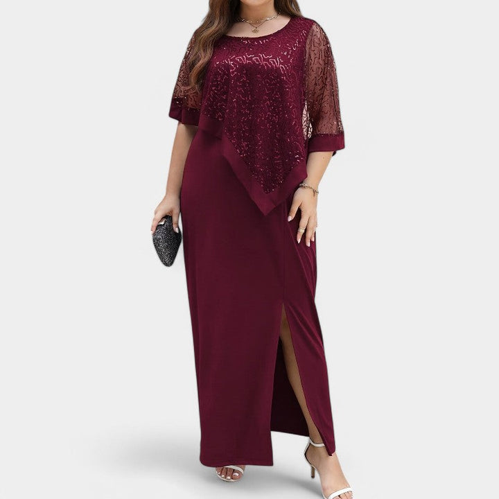 Dame lang kjole med glimmer og batwing-ærmer, mørkerød, 3XL
