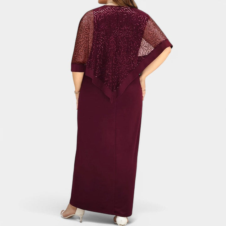 Dame lang kjole med glimmer og batwing-ærmer, mørkerød, 4XL