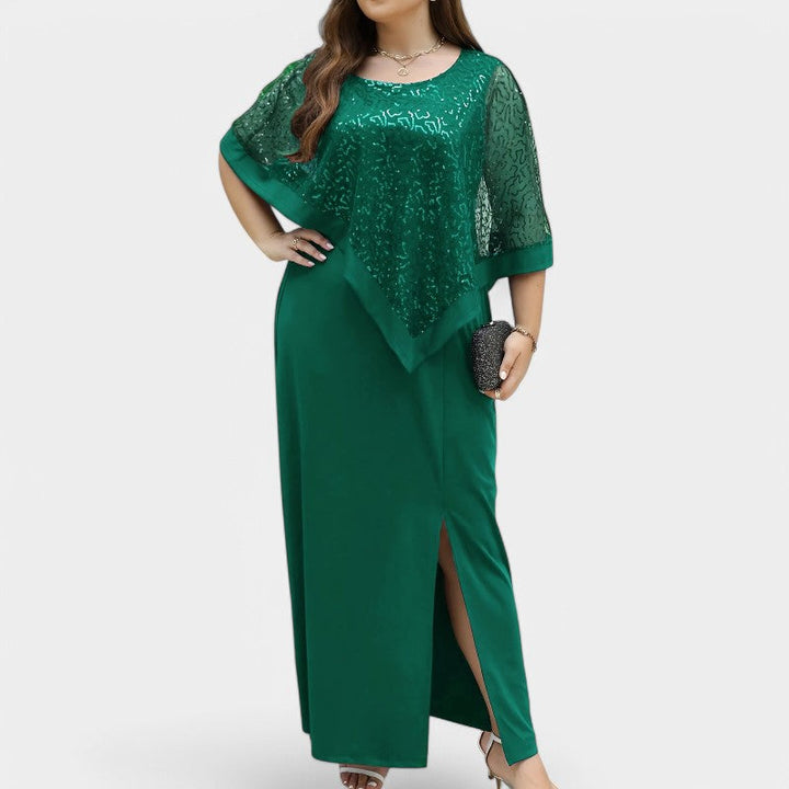 Dame lang kjole med glimmer og batwing-ærmer, mørkeblå, XL