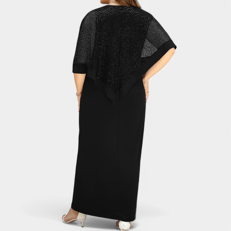 Dame lang kjole med glimmer og batwing-ærmer, mørkeblå, 2XL