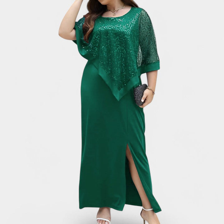Dame lang kjole med glimmer og batwing-ærmer, mørkeblå, 3XL