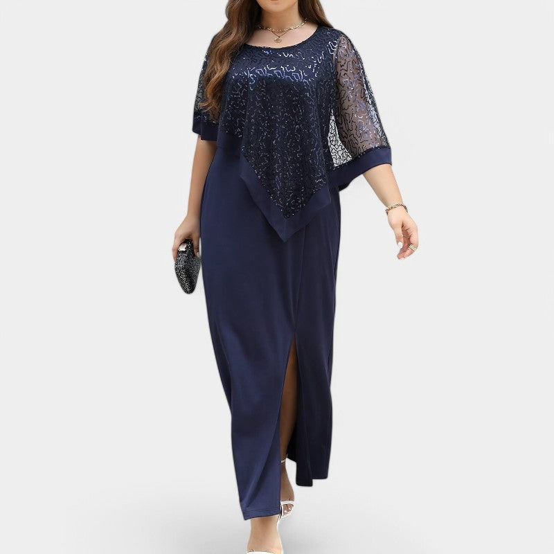 Dame lang kjole med glimmer og batwing-ærmer, mørkeblå, 4XL