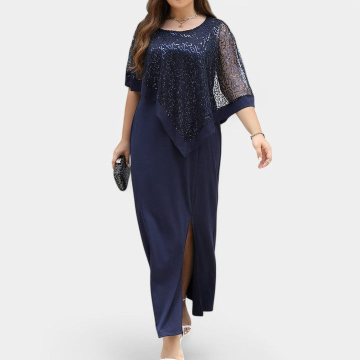 Dame lang kjole med glimmer og batwing-ærmer, mørkeblå, 4XL