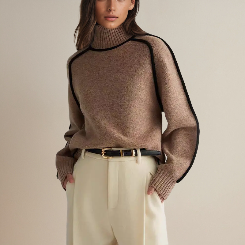 Dame sweater med koreansk stil, brun, grå, hvid, til efterår og vinter, blødt og stilfuldt design.