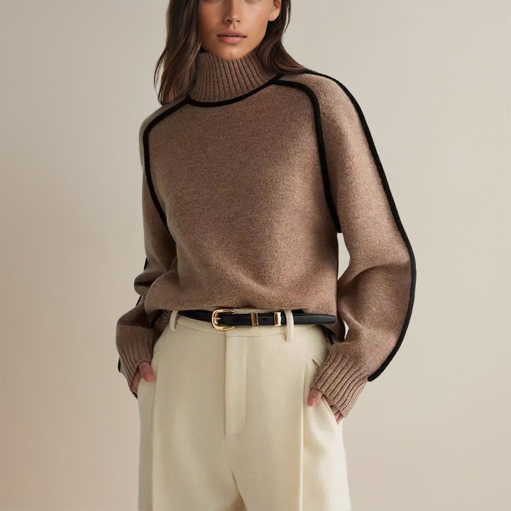 Dame sweater med koreansk stil, brun, grå, hvid, til efterår og vinter, blødt og stilfuldt design.