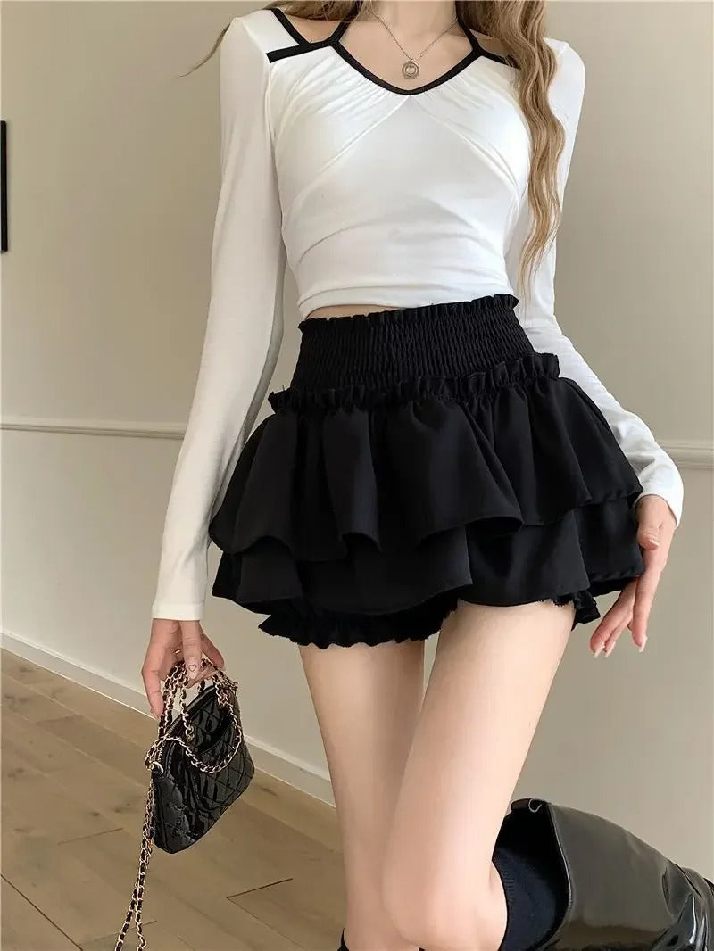 Dame højtaljede flæsenederdel Lolita, lagdelt design, elegant silhuet.