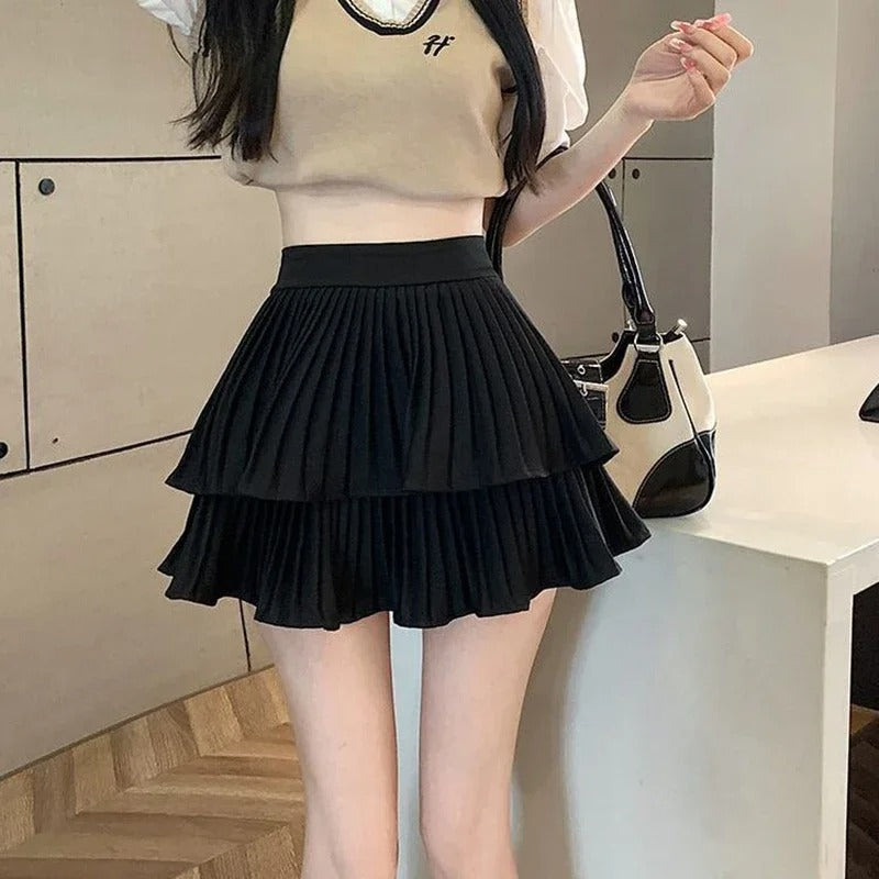 Dame højtaljede flæsenederdel Lolita, lagdelt design, elegant silhuet.