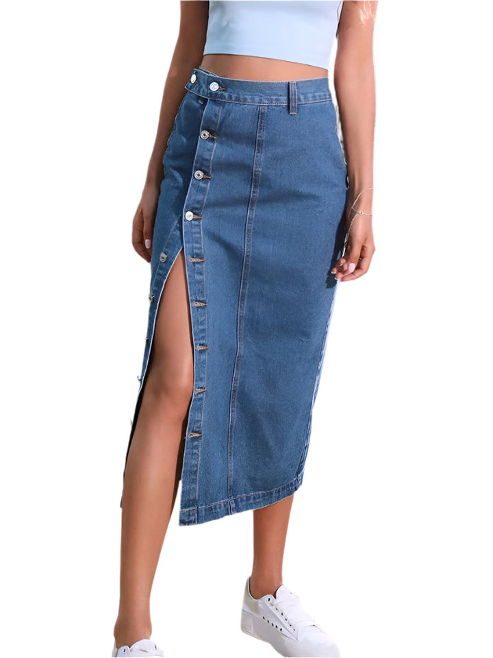 Dame lang denim bodycon nederdel med høj talje, mellemblå, fuld længde, tætsiddende, knapdetaljer