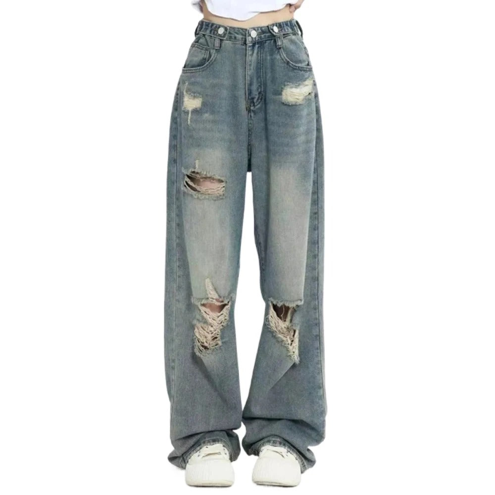 Dame jeans med høj talje og brede ben, vintage stil, blå, flatterende snit, trendy mode.