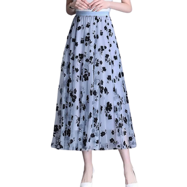 Dame elegant midi-nederdel med blomstermønster og høj talje, luftig og charmerende blomsterprint, perfekt til afslappede lejligheder.