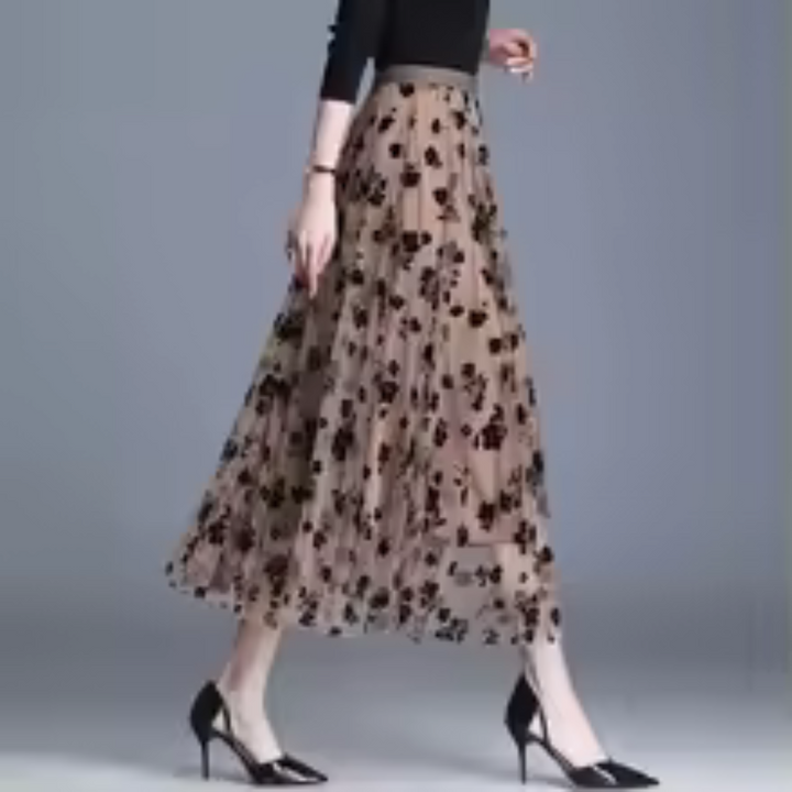Dame elegant midi-nederdel med blomstermønster og høj talje, luftig og charmerende blomsterprint, perfekt til afslappede lejligheder.
