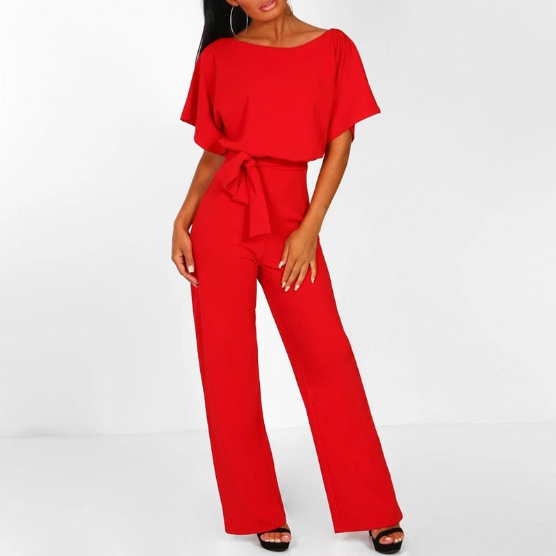 Dame jumpsuit med høj talje og vide ben, fitted overdel, stilfuldt snit.