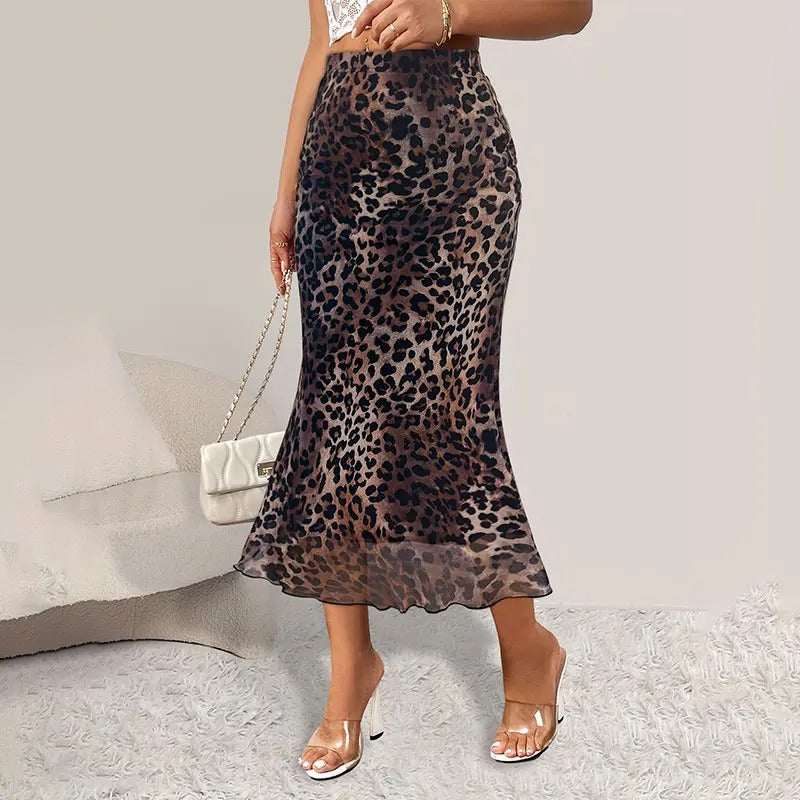 Dame Nederdel med Høj Talje og Leopardprint A-formet, flatterende pasform, dristigt mønster, elegant og stilfuld.