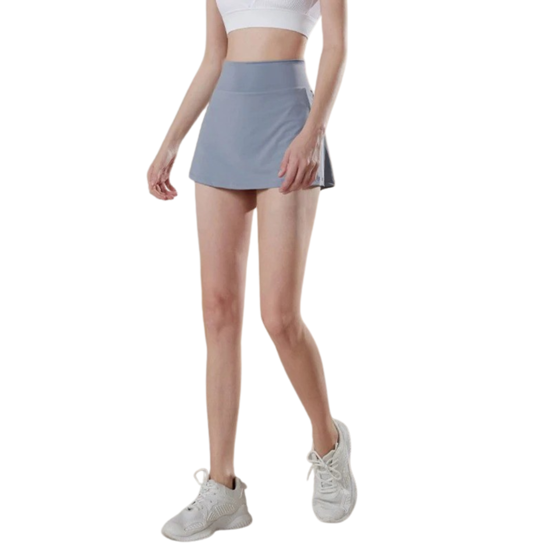 Damehøjtaljede sportsnederdel med shorts, stilfuld og åndbar, perfekt til tennis og yoga.