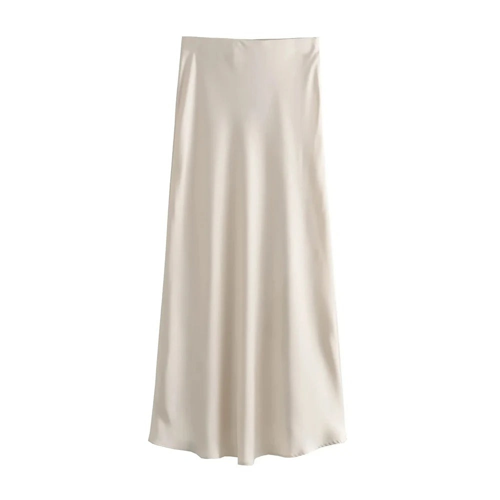 Dame højtaljet flydende satin midi nederdel, flatterende silhuet, elegant og komfortabel til afslappet stil.