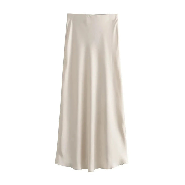 Dame højtaljet flydende satin midi nederdel, flatterende silhuet, elegant og komfortabel til afslappet stil.