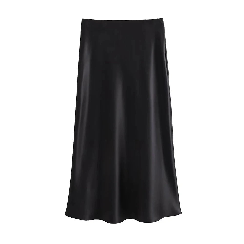 Dame højtaljet flydende satin midi nederdel, flatterende silhuet, elegant og komfortabel til afslappet stil.