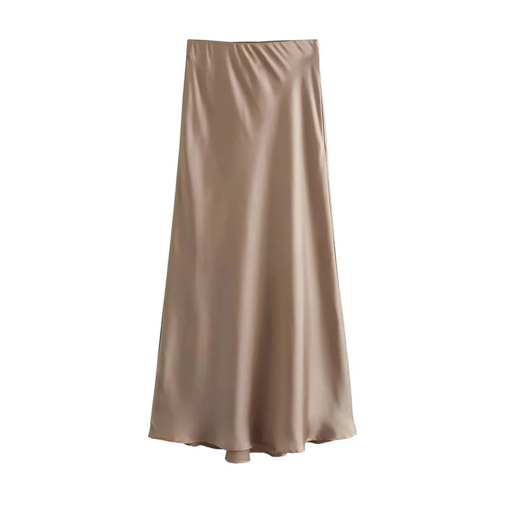 Dame højtaljet flydende satin midi nederdel, flatterende silhuet, elegant og komfortabel til afslappet stil.