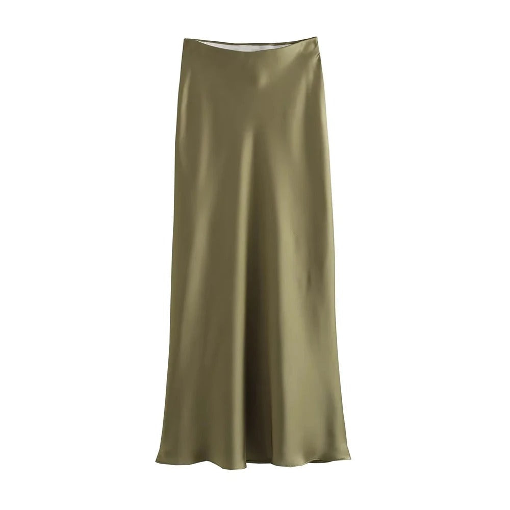 Dame højtaljet flydende satin midi nederdel, flatterende silhuet, elegant og komfortabel til afslappet stil.