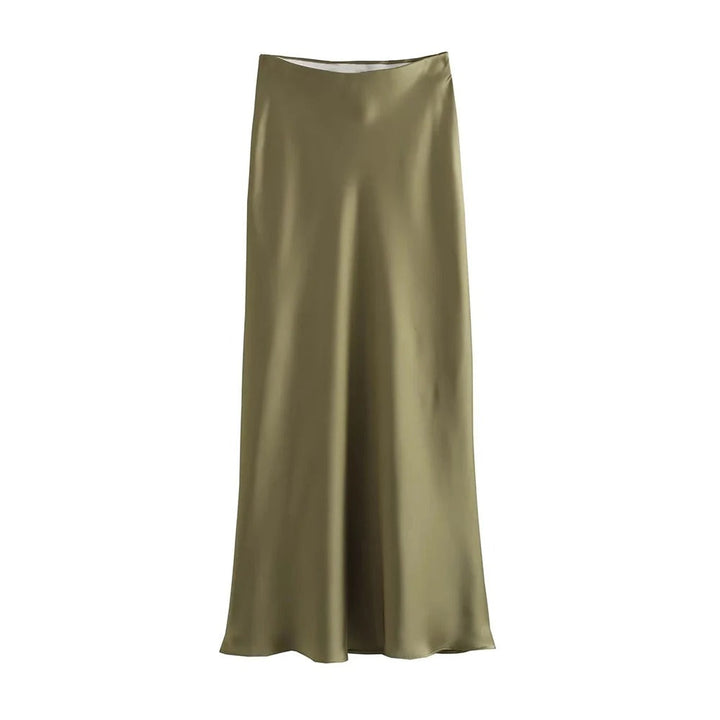 Dame højtaljet flydende satin midi nederdel, flatterende silhuet, elegant og komfortabel til afslappet stil.