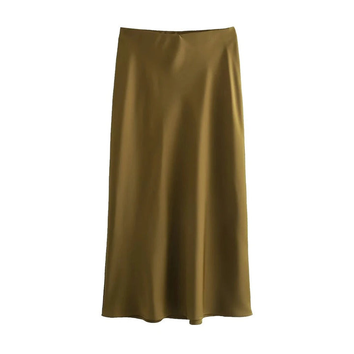 Dame højtaljet flydende satin midi nederdel, flatterende silhuet, elegant og komfortabel til afslappet stil.