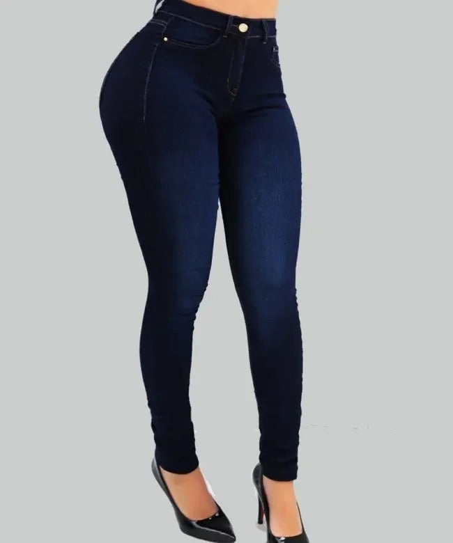 Dame højtaljede stretch jeans, lyseblå, formende pasform, behagelig og alsidig stil
