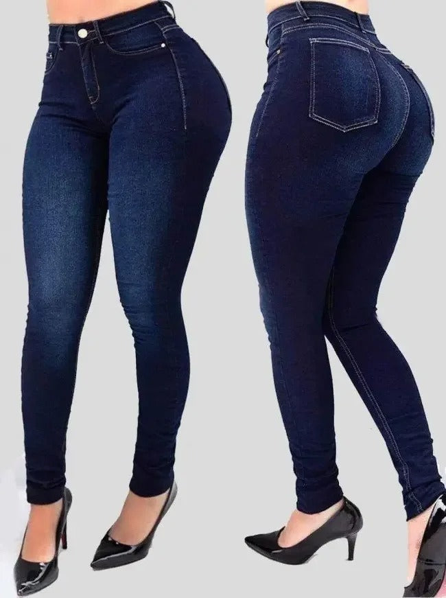 Dame højtaljede stretch jeans, lyseblå, formende pasform, behagelig og alsidig stil