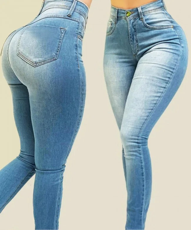 Dame højtaljede stretch jeans, lyseblå, formende pasform, behagelig og alsidig stil