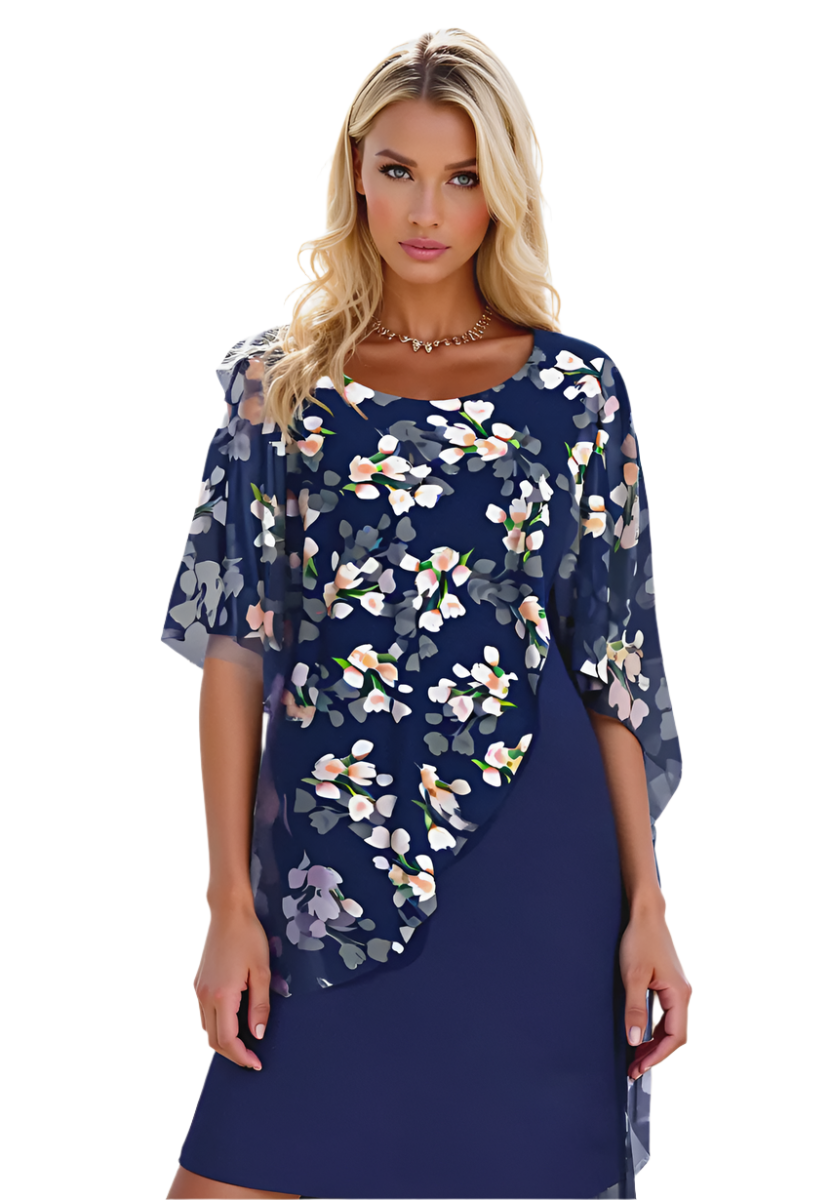 Dame blomstret chiffon kjole, let og åndbar, H-linjesnit og rund halsudskæring. Flerfarvet blomstermønster.
