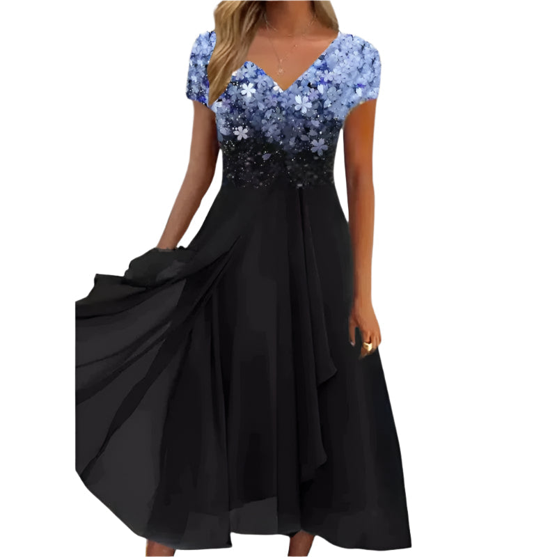 Dame blomstret chiffon midi kjole, V-udskæring, korte ærmer, til sommerstil, åndbar og let kvalitet.