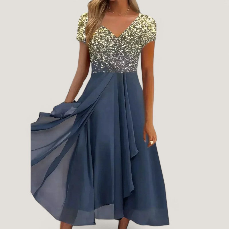 Dame blomstret chiffon midi kjole, V-udskæring, korte ærmer, til sommerstil, åndbar og let kvalitet.