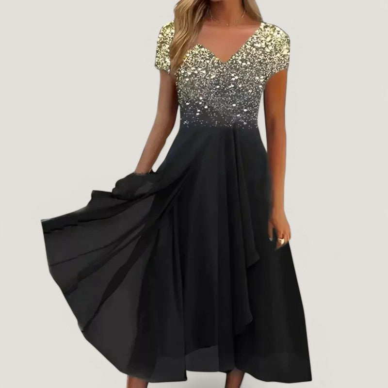 Dame blomstret chiffon midi kjole, V-udskæring, korte ærmer, til sommerstil, åndbar og let kvalitet.