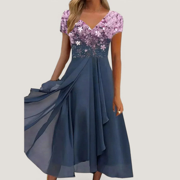 Dame blomstret chiffon midi kjole, V-udskæring, korte ærmer, til sommerstil, åndbar og let kvalitet.