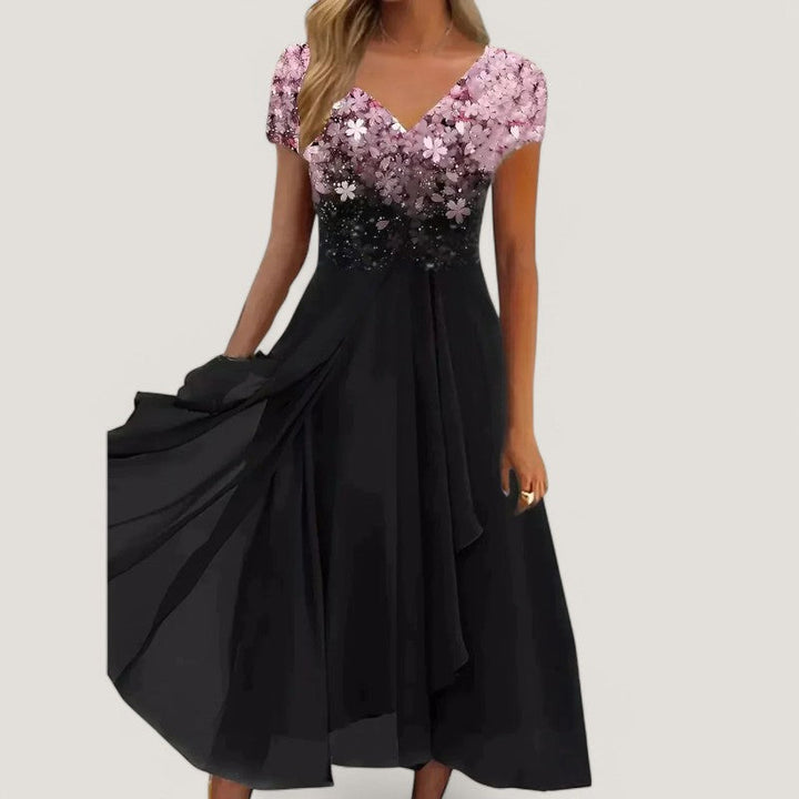Dame blomstret chiffon midi kjole, V-udskæring, korte ærmer, til sommerstil, åndbar og let kvalitet.