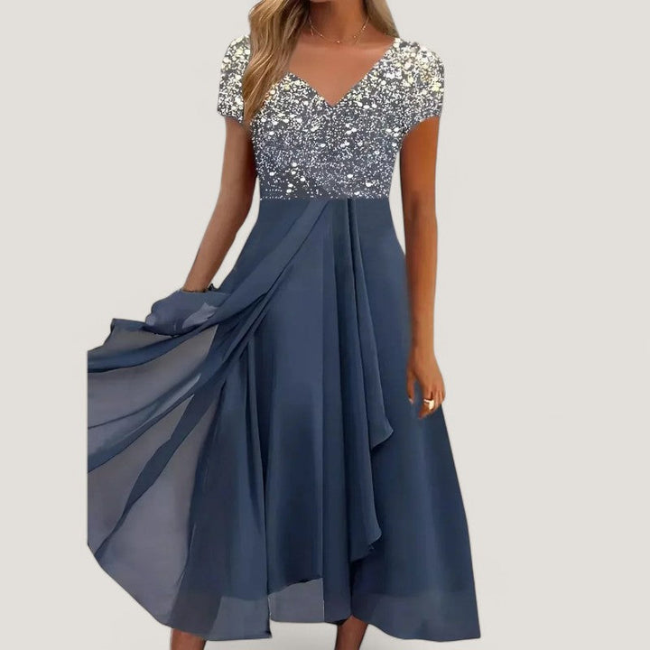 Dame blomstret chiffon midi kjole, V-udskæring, korte ærmer, til sommerstil, åndbar og let kvalitet.