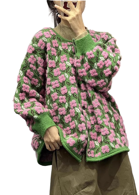 Dame blomstret langærmet cardigan med O-hals og blød strik, der bringer et friskt look til hverdagen.