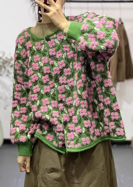 Dame blomstret langærmet cardigan med O-hals og blød strik, der bringer et friskt look til hverdagen.