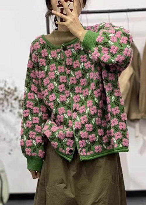 Dame blomstret langærmet cardigan med O-hals og blød strik, der bringer et friskt look til hverdagen.