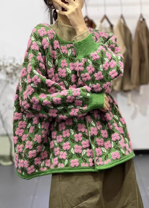 Dame blomstret langærmet cardigan med O-hals og blød strik, der bringer et friskt look til hverdagen.