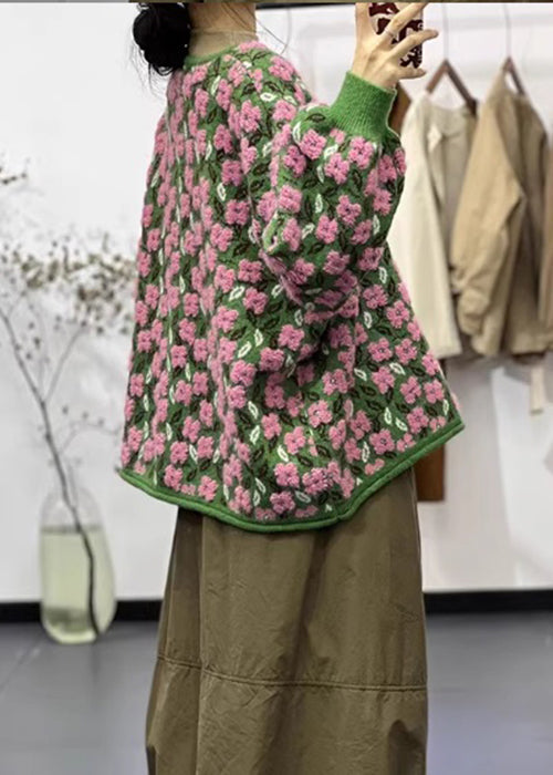 Dame blomstret langærmet cardigan med O-hals og blød strik, der bringer et friskt look til hverdagen.