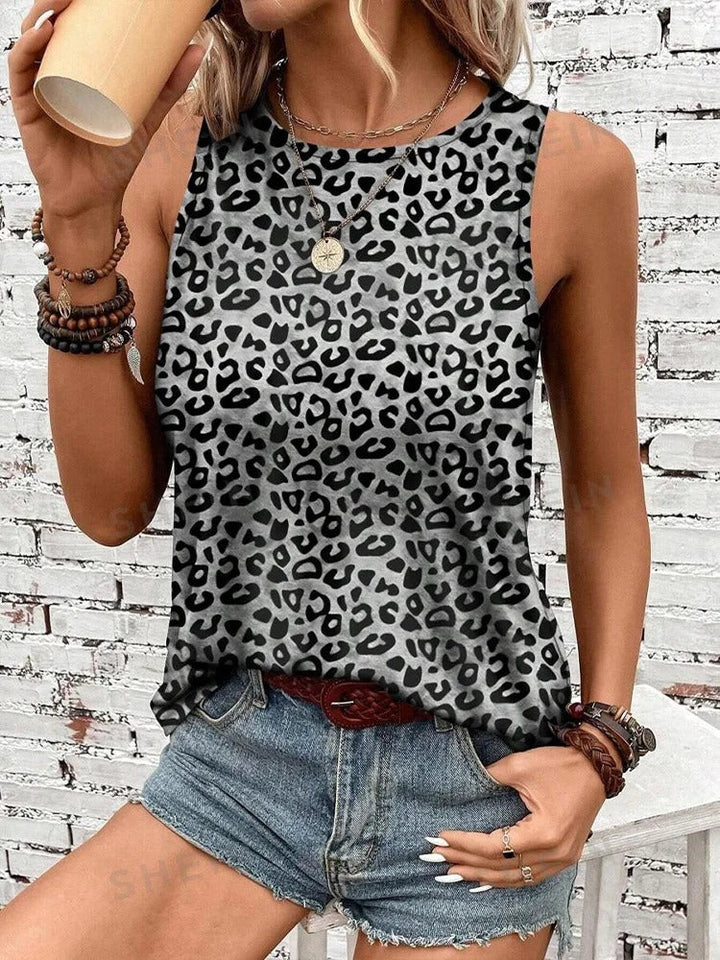 Dame Leopardmønstret Ærmeløs Tank Top, Rund Halsudskæring, Blødt og Strækbart Stof, Stilfuldt Sommerbeklædning