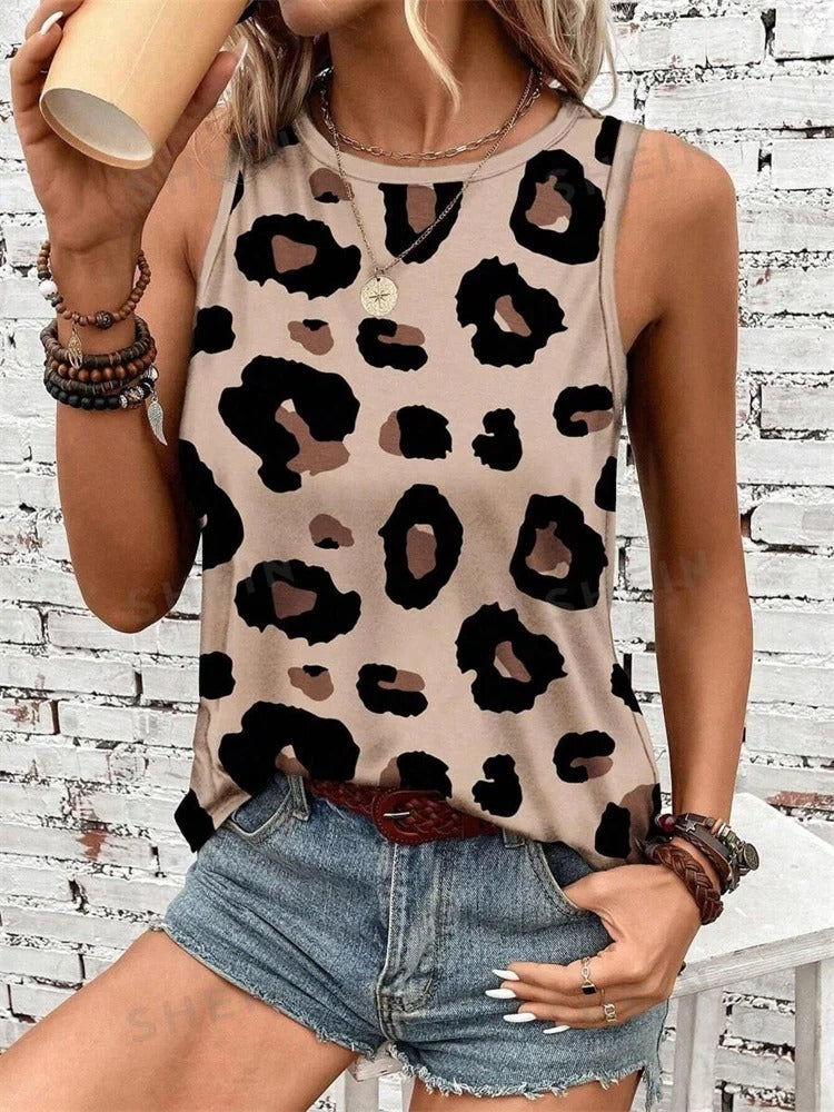 Dame Leopardmønstret Ærmeløs Tank Top, Rund Halsudskæring, Blødt og Strækbart Stof, Stilfuldt Sommerbeklædning