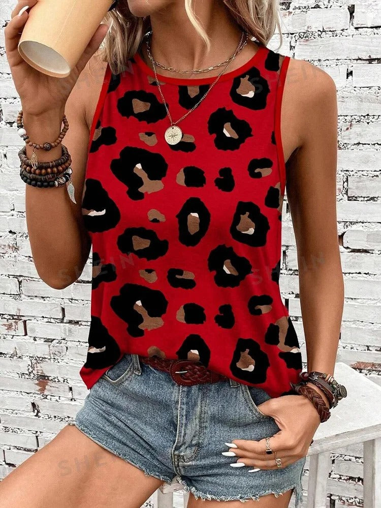 Dame Leopardmønstret Ærmeløs Tank Top, Rund Halsudskæring, Blødt og Strækbart Stof, Stilfuldt Sommerbeklædning