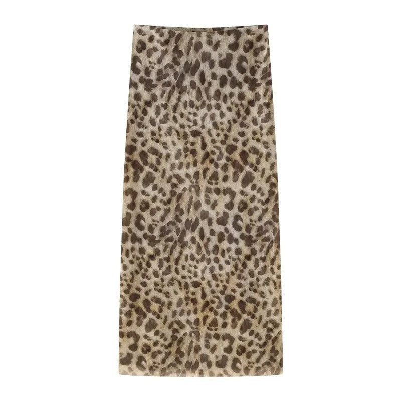 Dame leopardprint lang satin nederdel, høj talje, blødt materiale, elegant silhuet, trendy look