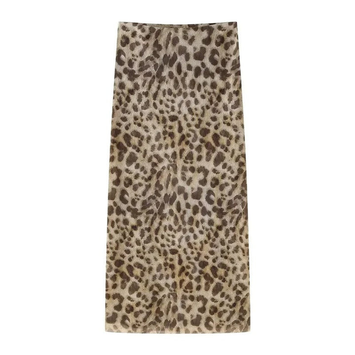Dame leopardprint lang satin nederdel, høj talje, blødt materiale, elegant silhuet, trendy look
